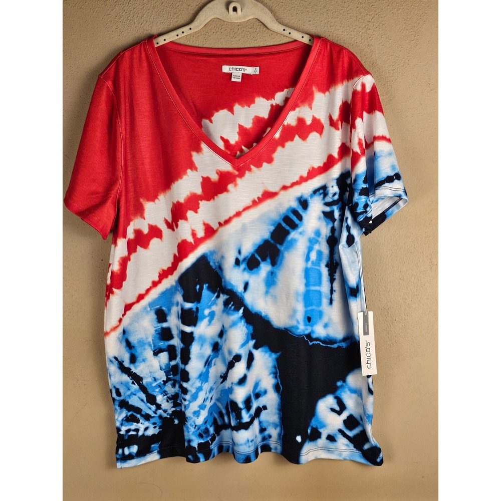 NWT Chico's Zenergy Womens Americana Tie Dye Short Sleeve Tshirt Top 2 Large